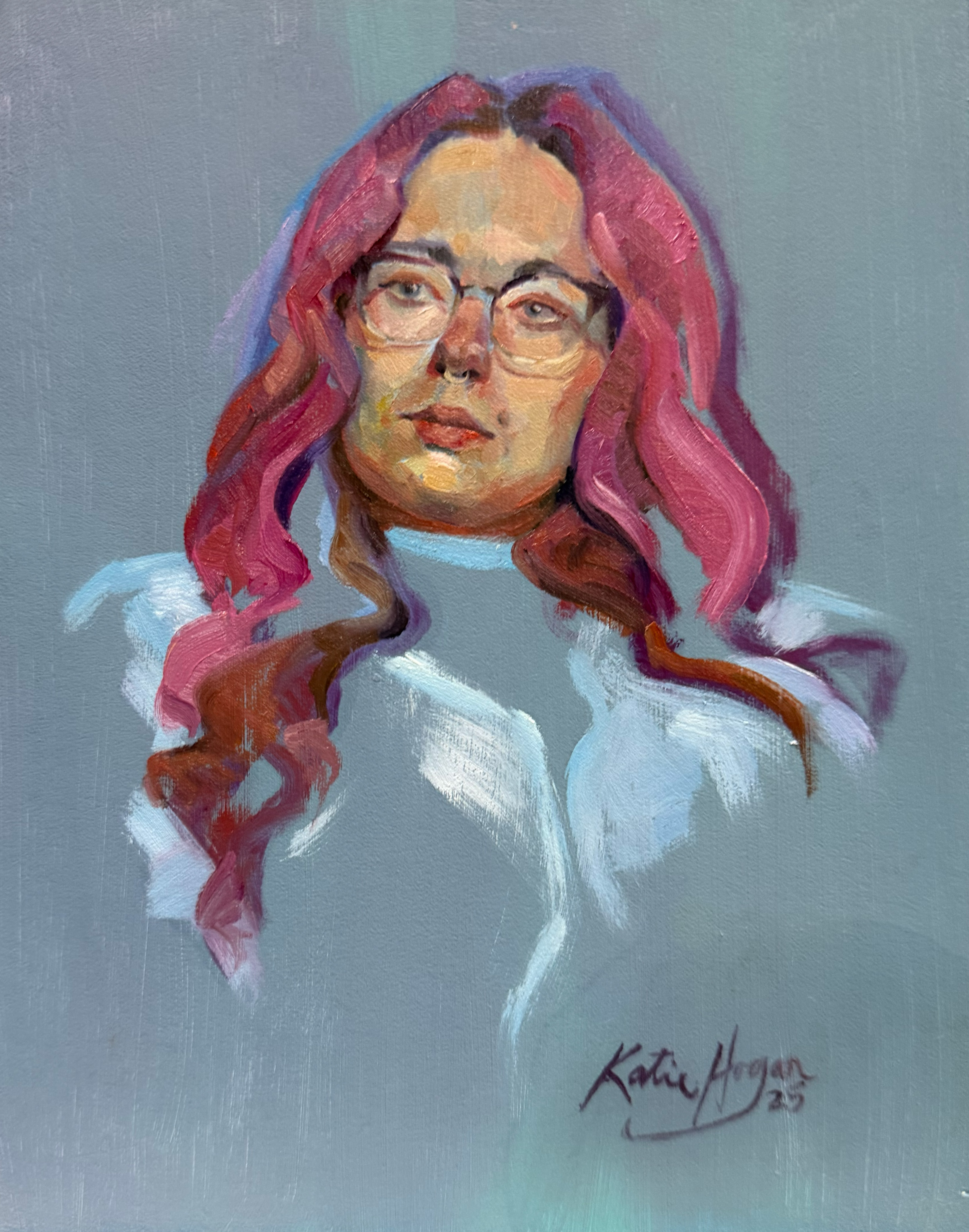 Oil painted portrait of Lizzie, a woman with pink hair, on grey-blue background.