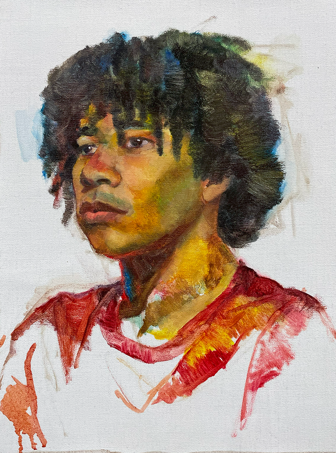 Oil painted portrait of Anthony, painted with an emphasis on color