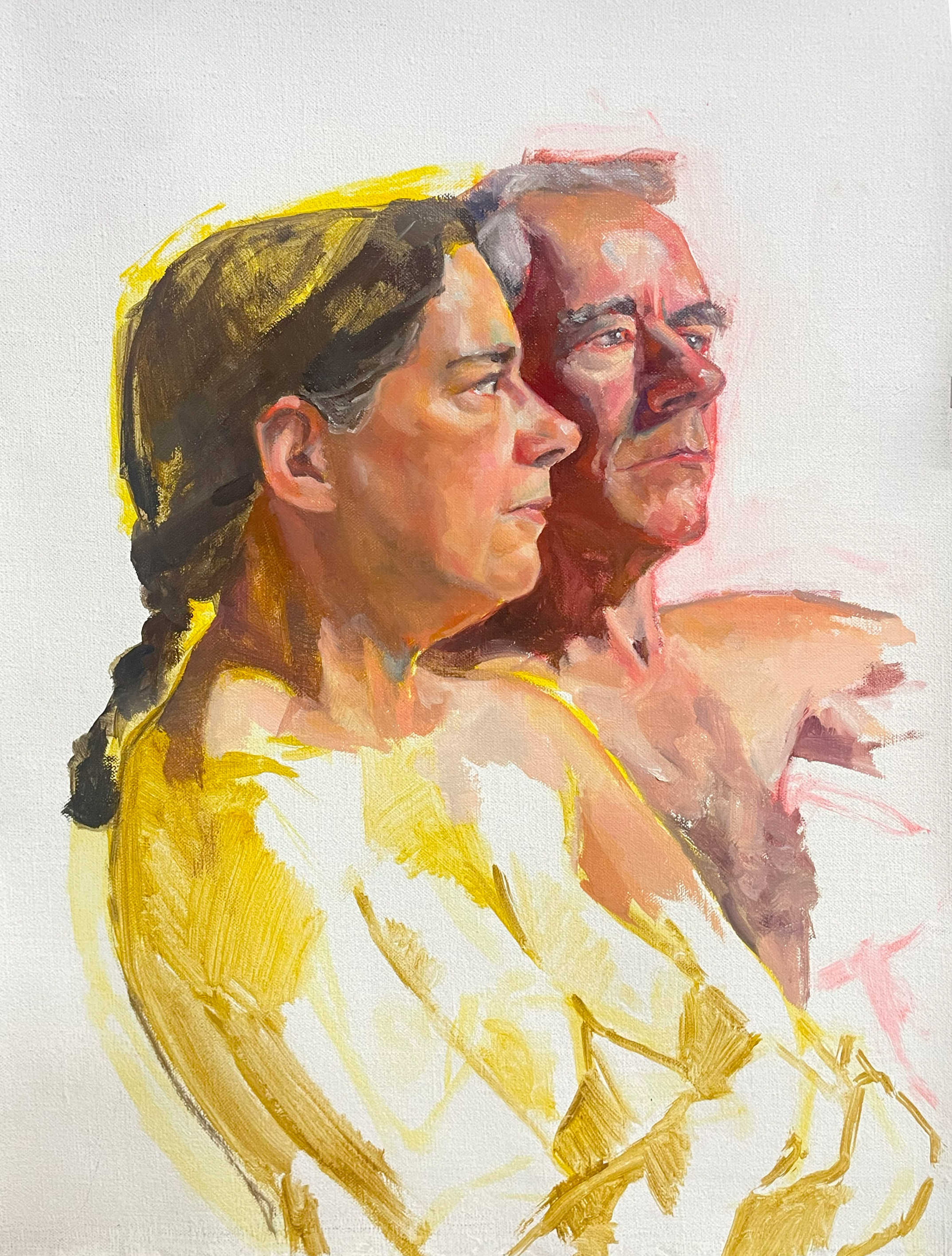 Oil painted portrait of two figures: Holly (with lots of yellow), and Nicholas (with lots of reds)