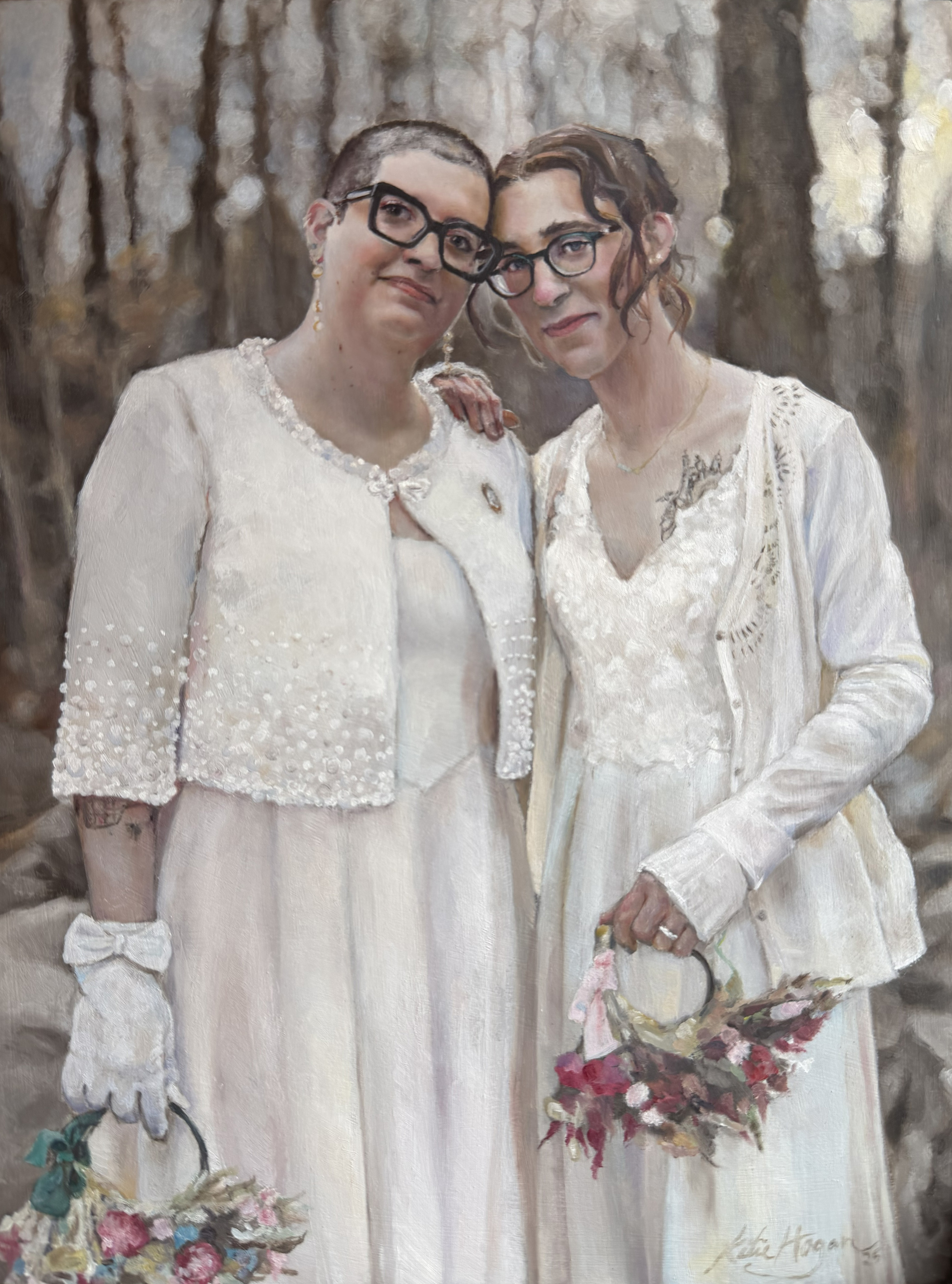 Oil painting of Mia & Annie on their wedding day, in front of winter time woods