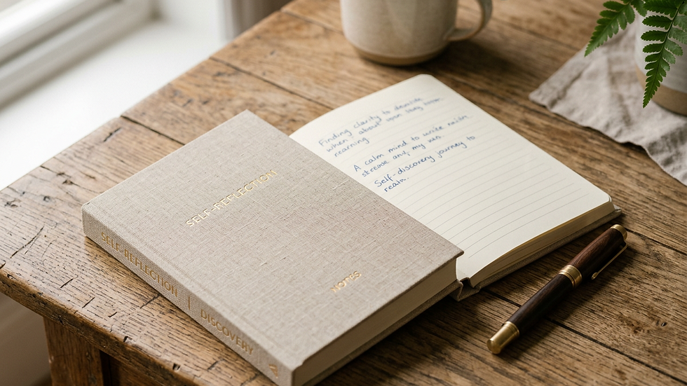 Close-up view of a journal and pen on a wooden table, symbolizing reflection and self-discovery