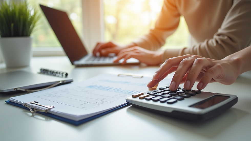 Close-up of a hand holding a calculator and a budget sheet