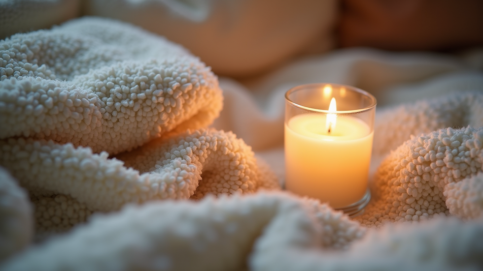 Close-up view of a cozy corner with a soft blanket and a lit candle