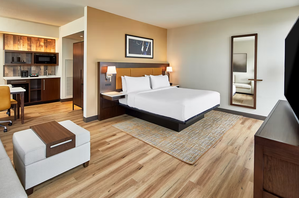 King studio suite with living room area and microwave, mini refrigerator, and wet bar.