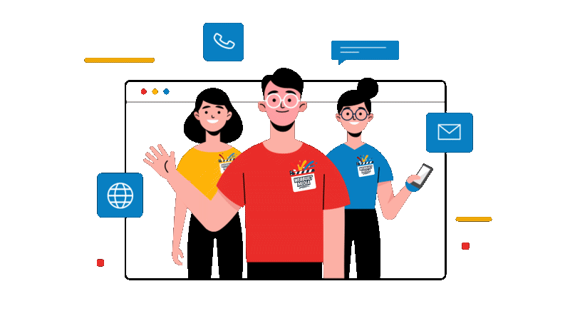 Contact page for Webbuilt Media featuring an illustration of a friendly creative team ready to assist with social media management, video editing, filming, and ad production inquiries.