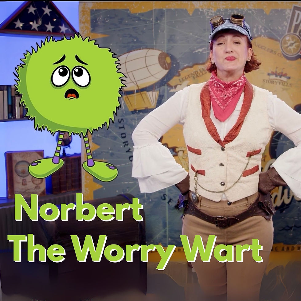 A woman dressed as train engineer next to a cartoon monster "worry wart" with text that reads Norbert the Worry Wart