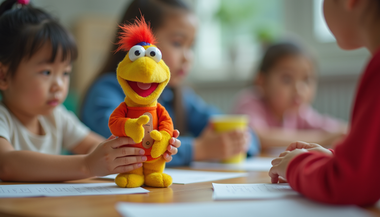 Close-up of a child’s hands holding a handmade puppet in a colorful classroom setting