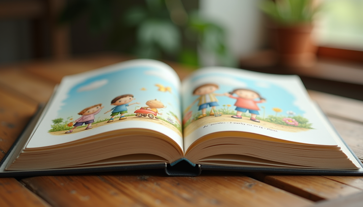 Eye-level view of a colorful storybook open on a wooden table