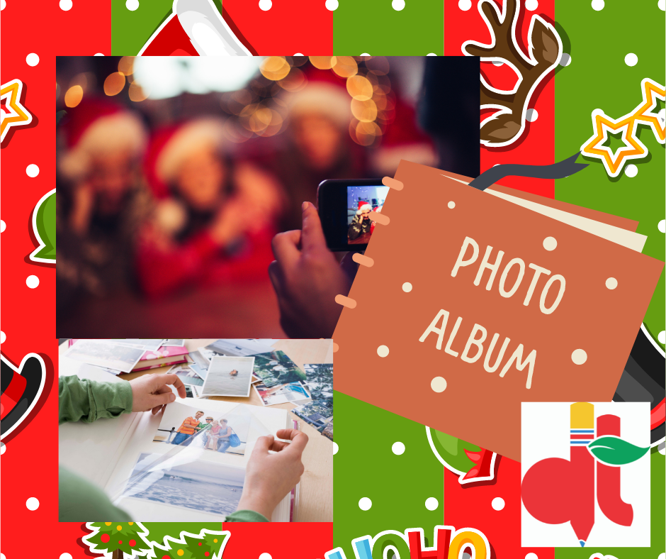 A collage of 2 photo albums, and a blurred photo of a family in Santa Hats having their photo taken, and a Developmental Texts logo.