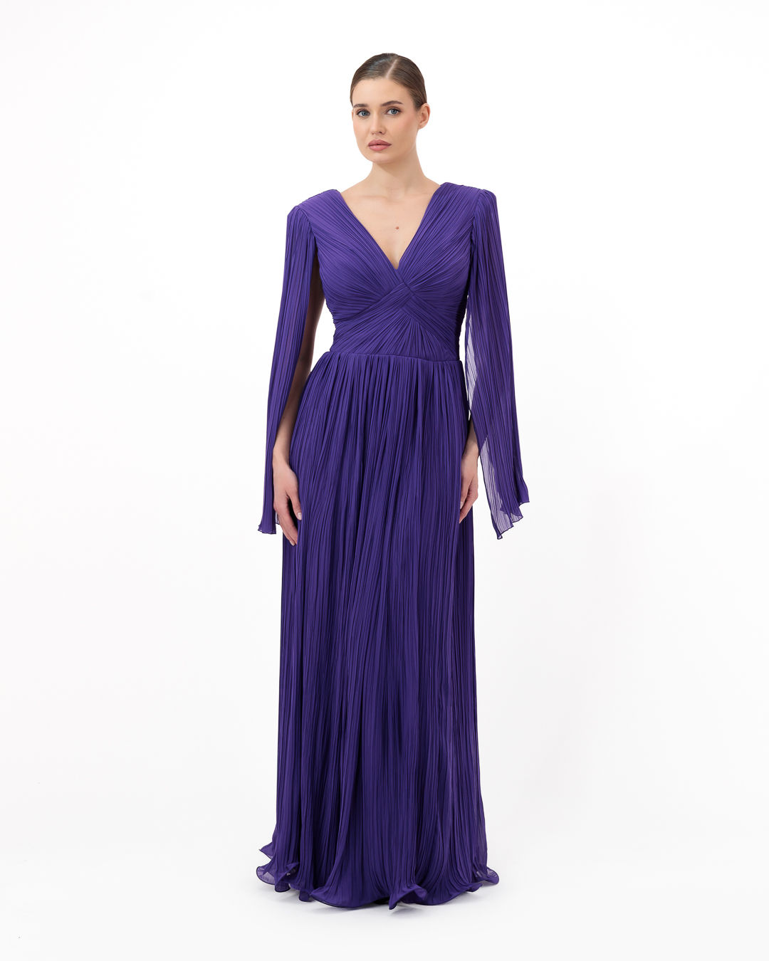 Royal Purple Pleated Gown with Cape Sleeves