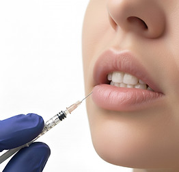 Eine Frau bei der Behandlung ihrer Lippe mit Hyaluronsäure (Filler) zum Lippenaufbau und zur Harmonisierung der Lippenkontur.