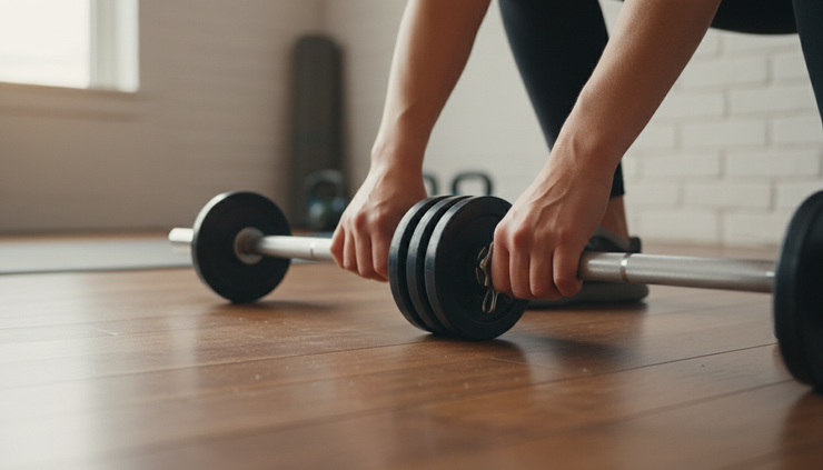 Close-up view of hands adjusting weight plates on a barbell.