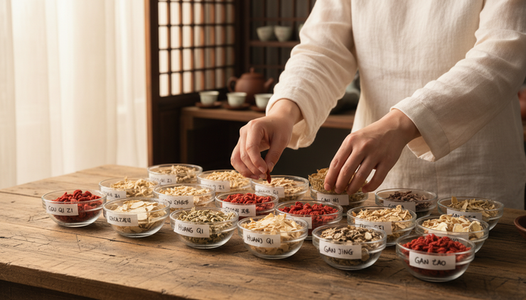 Eye-level view of a practitioner preparing Chinese herbs in small labelled glass bowls