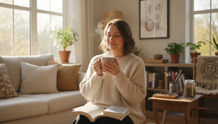 Eye-level view of a calm person holding a warm mug near a window.