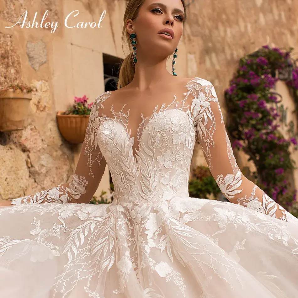Ashley Carol Sexy Wedding Dresses for Women Appliques Tulle Backless Long Sleeve