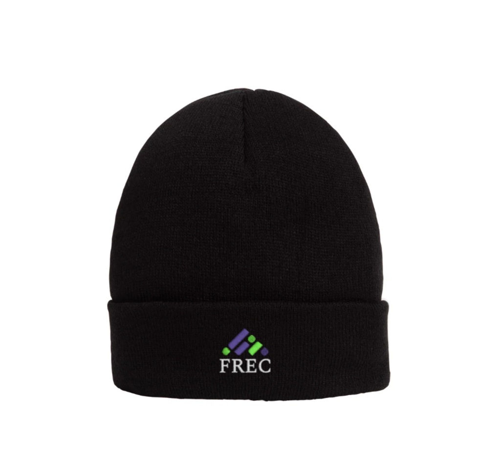 Black FREC embroidered Cuffed Beanie with logo on white background, FREC Clothing