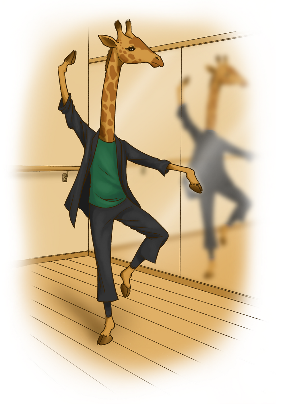 A giraffe dressed in yoga pants and a loose top striking a dance pose in front of a mirror.