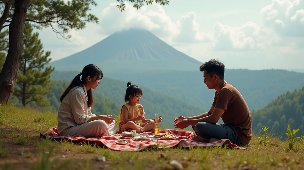 Eye-level view of a family enjoying a picnic at Tangkuban Perahu Volcano