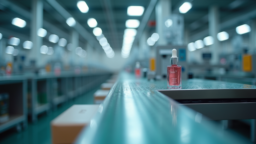 Eye-level view of a production line in a cosmetics manufacturing facility
