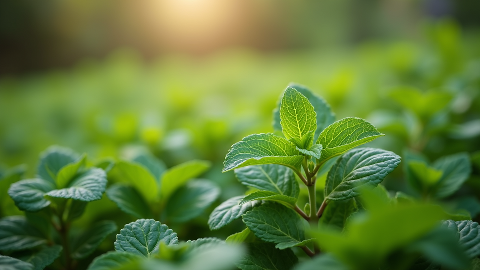 Eye-level view of fresh green herbs growing in a garden