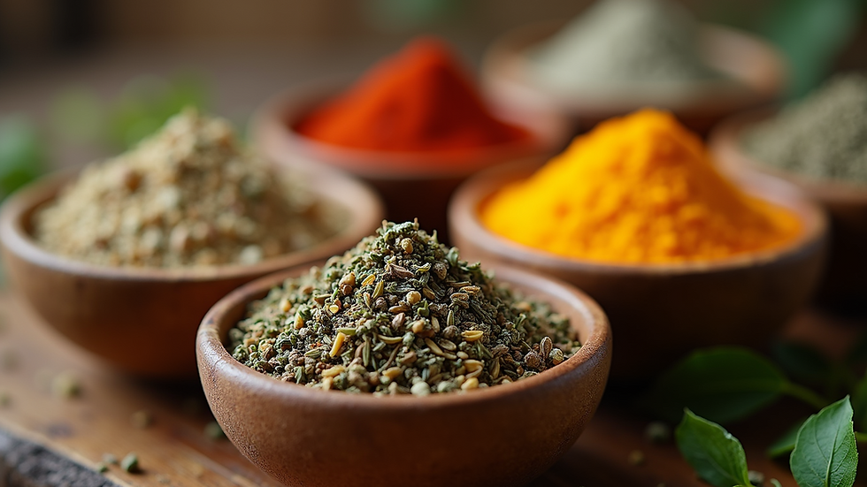 Close-up view of dried herbs and spices in wooden bowls