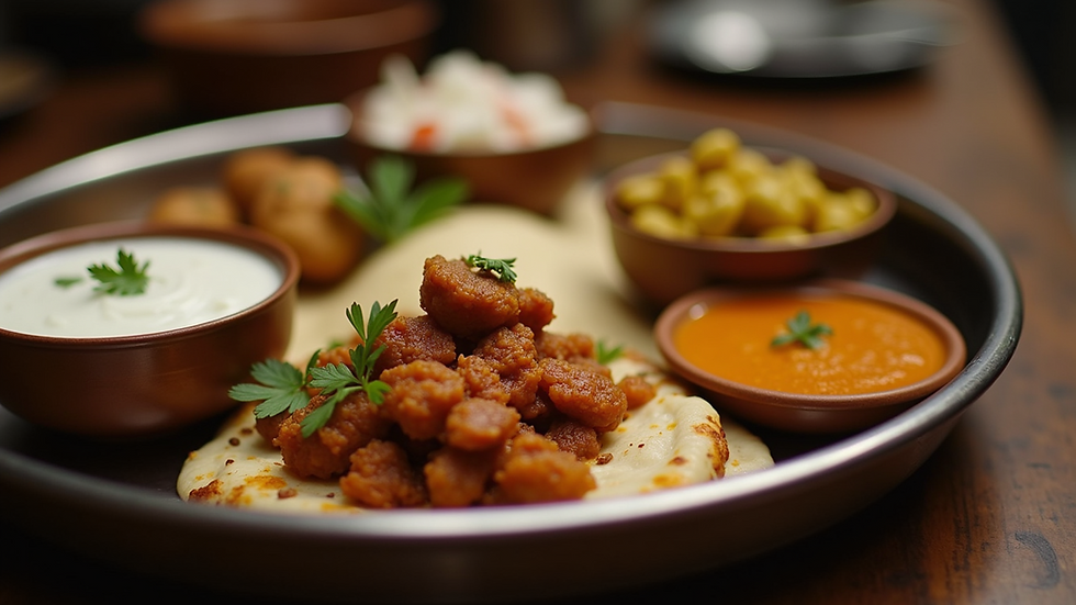 Eye-level view of a traditional Indian thali with various dishes