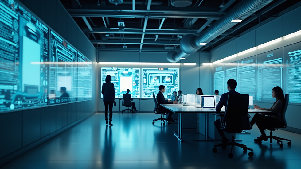High angle view of a futuristic office with digital technology displays