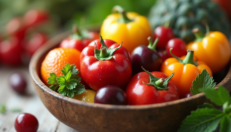 Close-up view of a bowl filled with colorful high-fiber fruits and vegetables