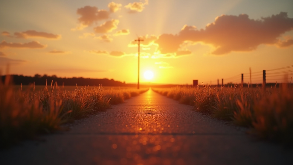 Eye-level view of a serene sunset with a path leading towards the horizon