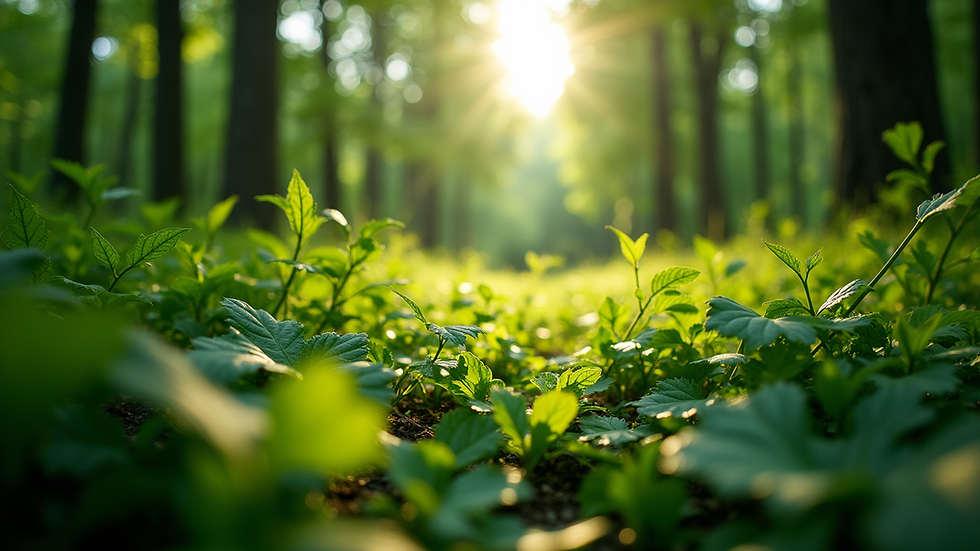Eye-level view of a lush green forest with sunlight filtering through the leaves