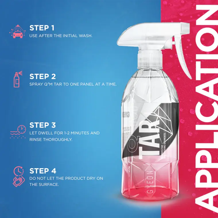 Thumbnail: Q²M Tar does not affect any exterior surfaces and is bodywork safe. Can be used on paint, car wax, spray wax, car polish