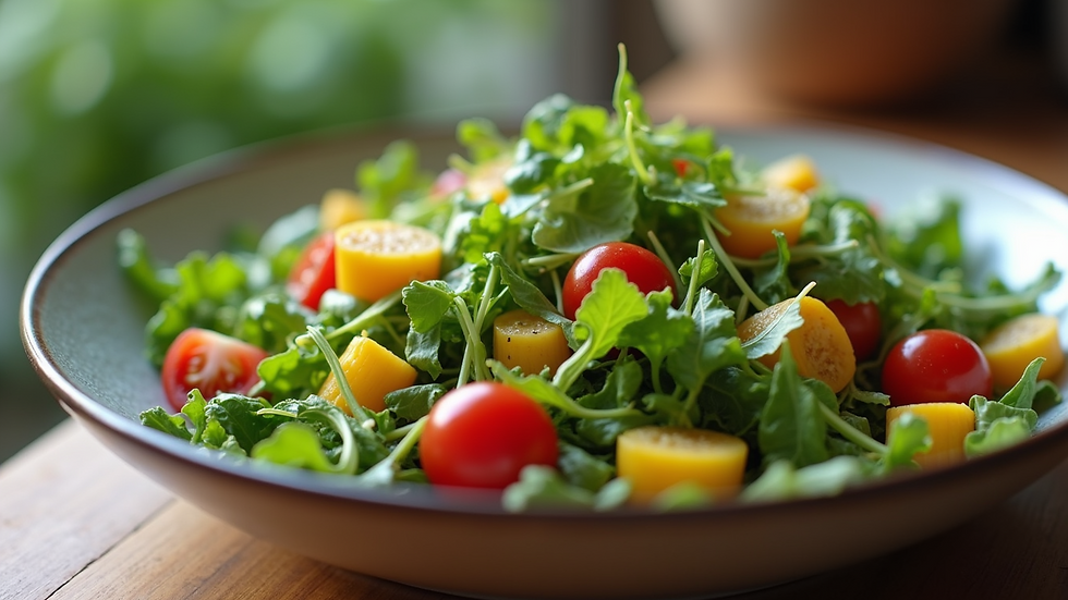 Close-up view of a colorful healthy salad bowl with fresh greens and vegetables