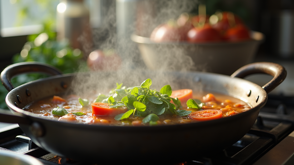 Eye-level view of a steaming pot with fresh vegetables cooking
