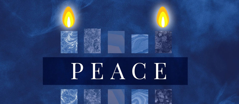 The image beautifully captures the theme of peace during the second week of Advent, symbolized by two candles glowing softly against a serene blue background.