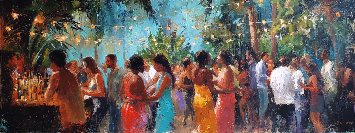 A lively outdoor bachata event at night with people dancing and a bar lit by warm string lights.