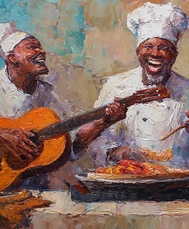 Dominican Expressionist painting of three chefs laughing and playing instruments — guitar, bongos, and guira — symbolizing bachata’s rhythm, flavor, and joy.