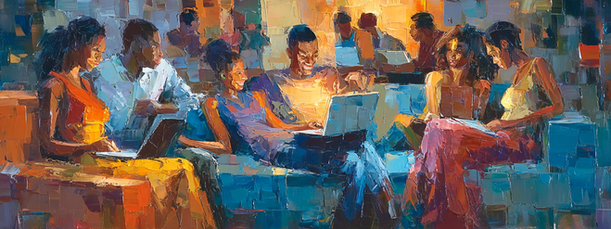 Six people sitting on a couch with laptops above them, smiling and talking in a cozy living room.