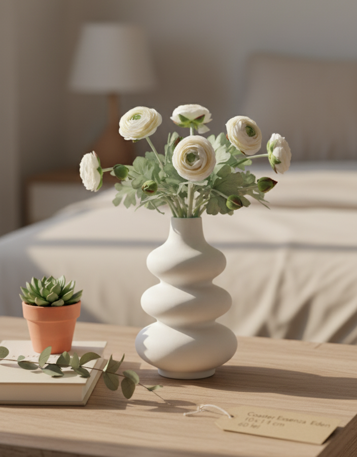 Vază Shapes albă din Jesmonite, cu design sculptural organic, așezată pe o masă de lemn, lângă o plantă verde în fundal.