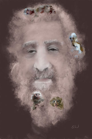 Old man with beard and his tiny monkey friends