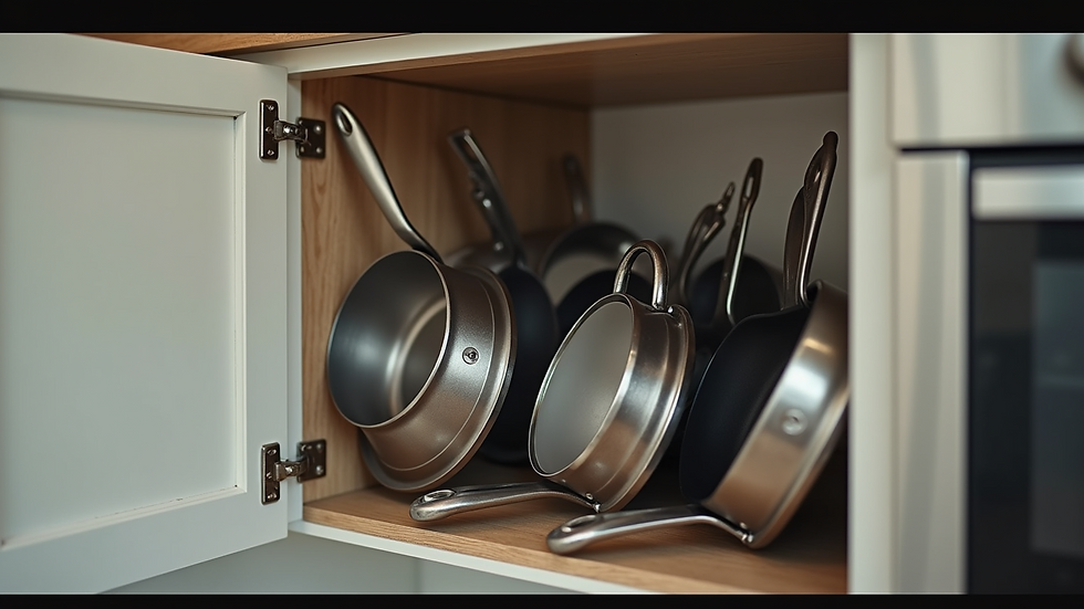 Close-up view of a kitchen corner carousel cabinet with organized pots and pans