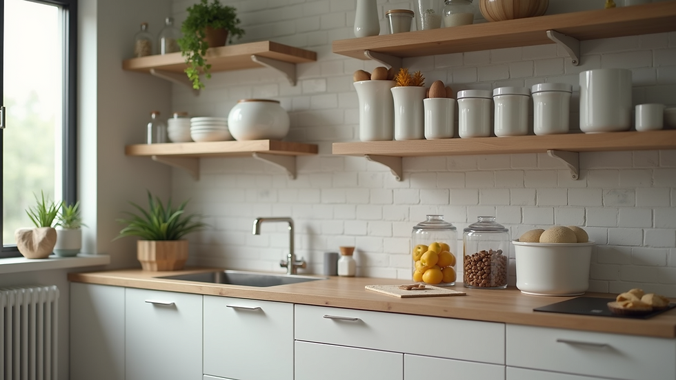 Eye-level view of a modern kitchen with organized shelves and smart storage containers