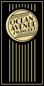 A black rectangular sign with gold art deco lines and a gold circle containing the text "Ocean Avenue Swingers."