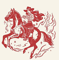 cartoon image in red of a cowgirl riding a horse