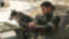 A cybernetically-altered super soldier and his wolf companion drive through the desert in an olive green Jeep.