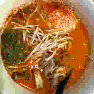 spicy chicken ramen with mushrooms, egg, bamboo shoots in a dashi broth