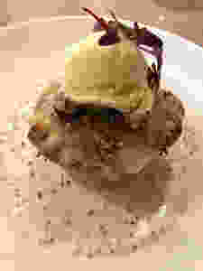 savory rabbit, pecan pie topped with ice cream and set in a bowl of savory gravy