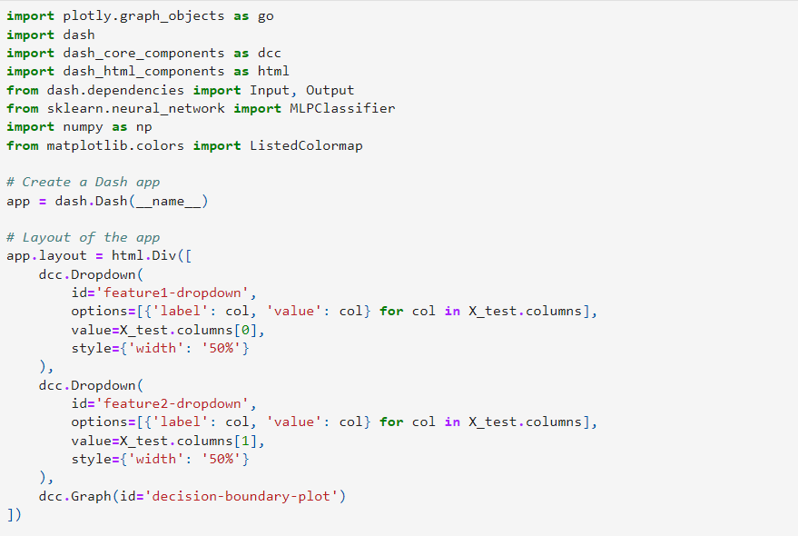 Here's an example of how you can create a 2D Decision Boundary Visualization using Python and Dash: