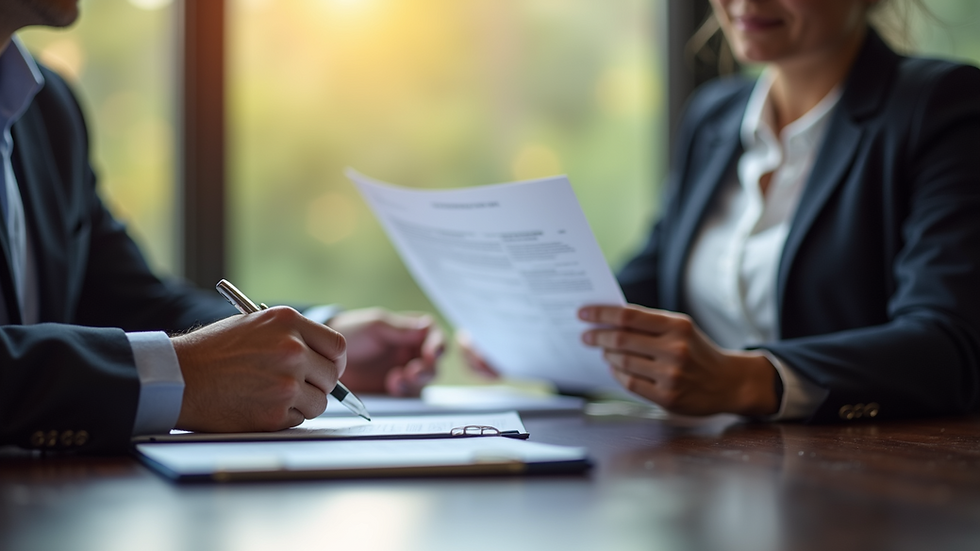 Eye-level view of a legal professional discussing documents with a client