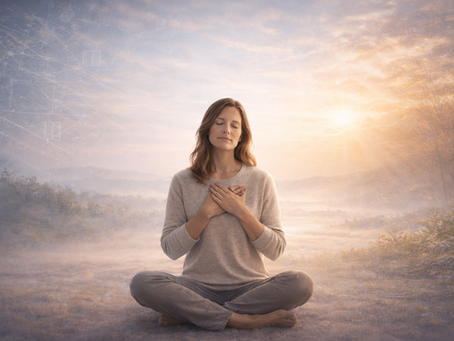 eine Frau im Schneidersitz, die ihre Hände auf ihr Herz gelegt hat