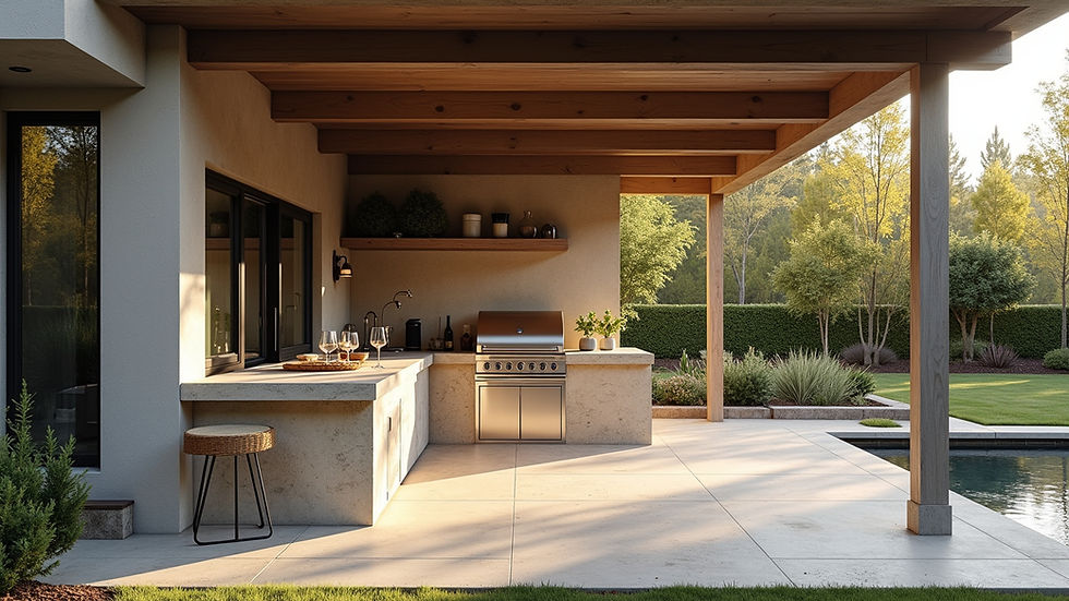 Eye-level view of a covered outdoor kitchen with built-in grill and stone countertops